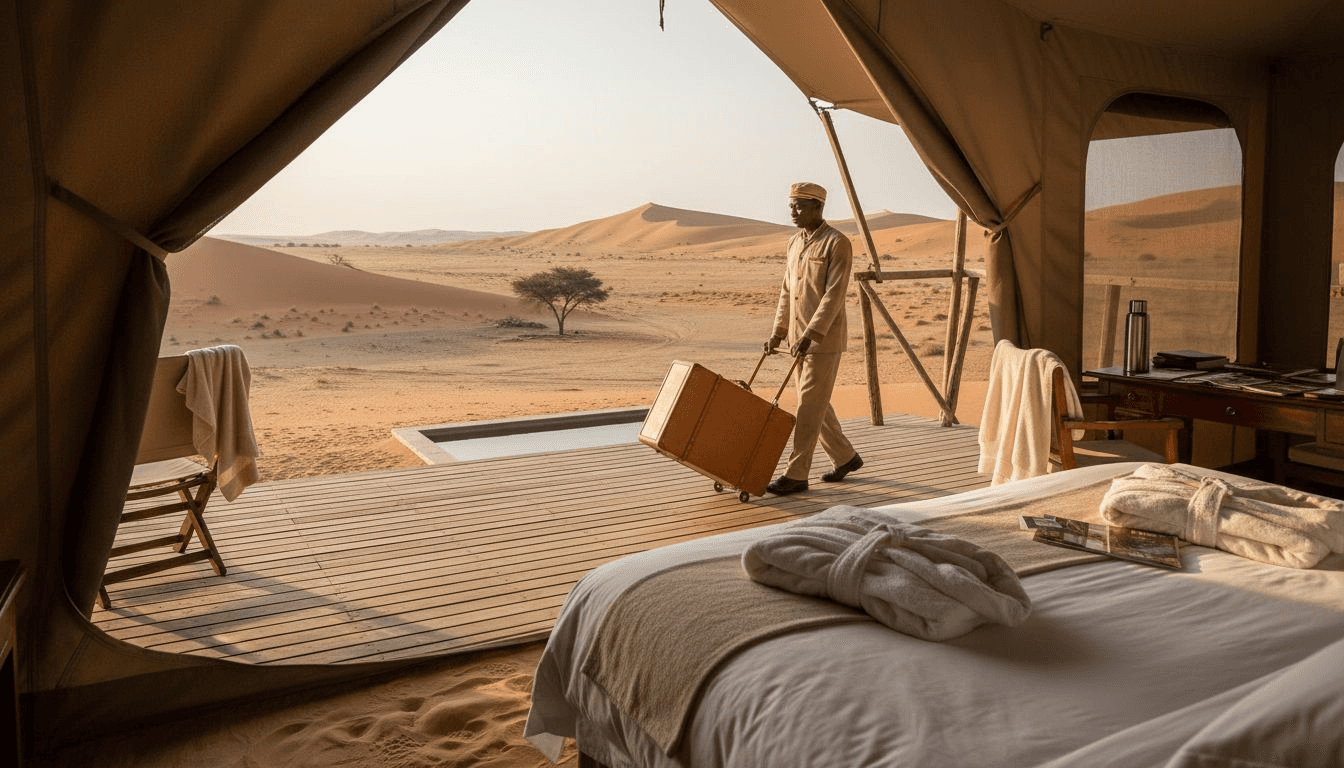Luxurious safari suite overlooking Namibian dunes
