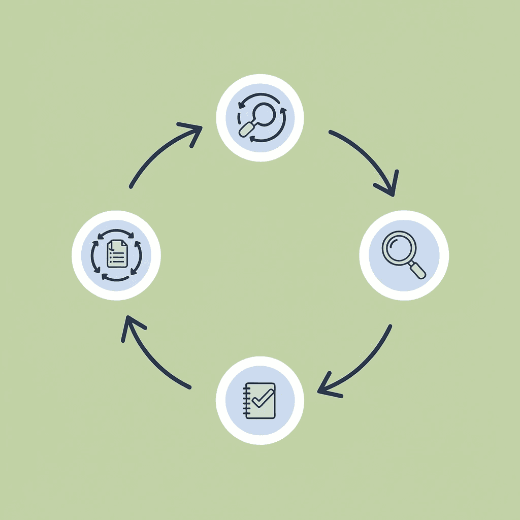Circular diagram showing the repeating cycle of reading papers, extracting information, organizing notes, and starting over with the next paper
