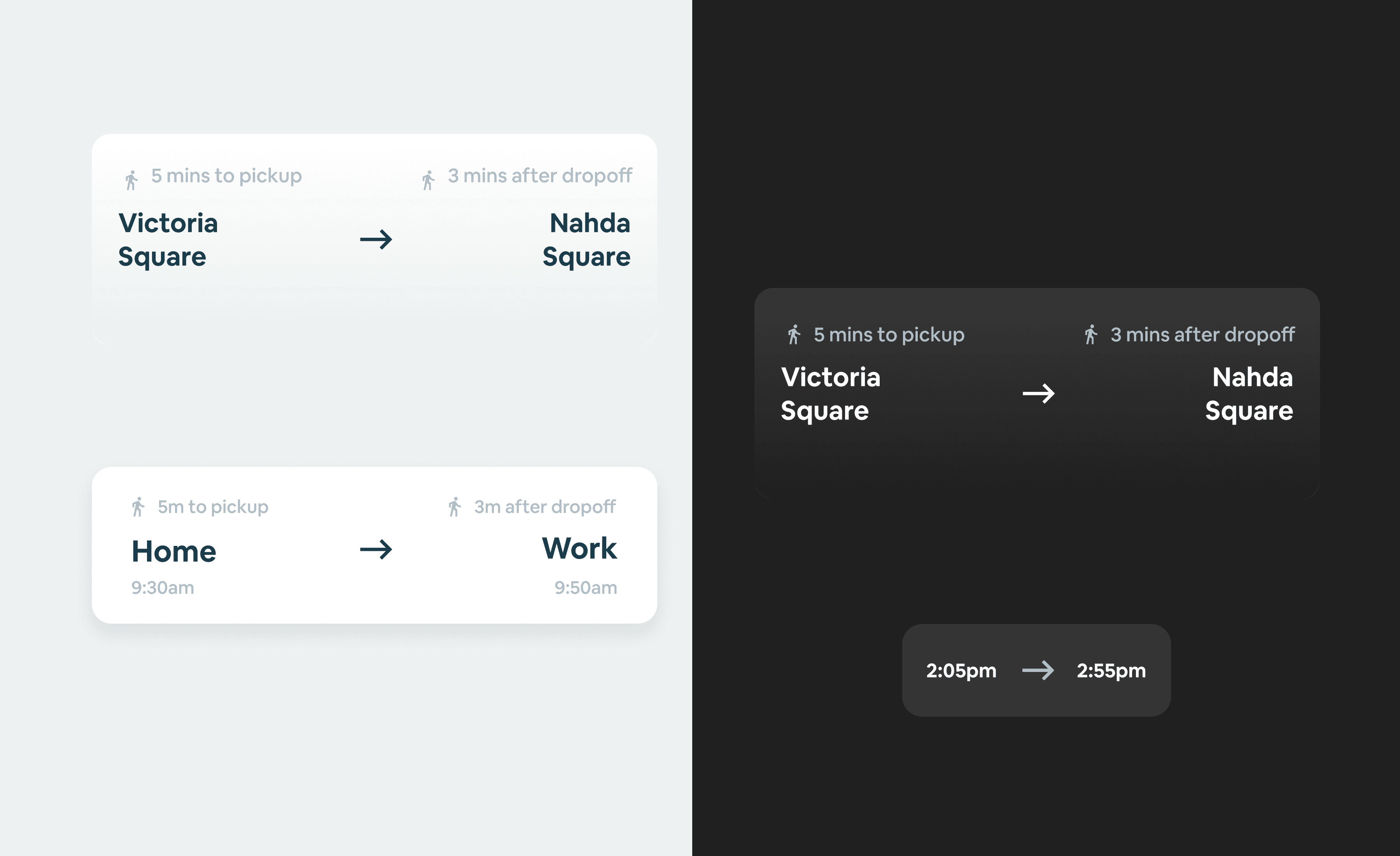 Trip cards with pickup and dropoff times, in light and dark