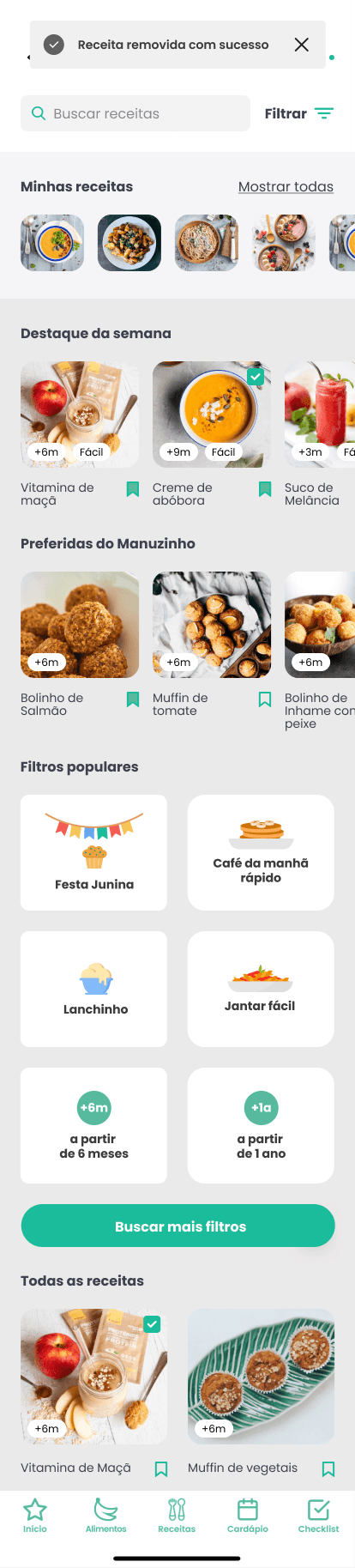 Tela de curtir e salvar receitas