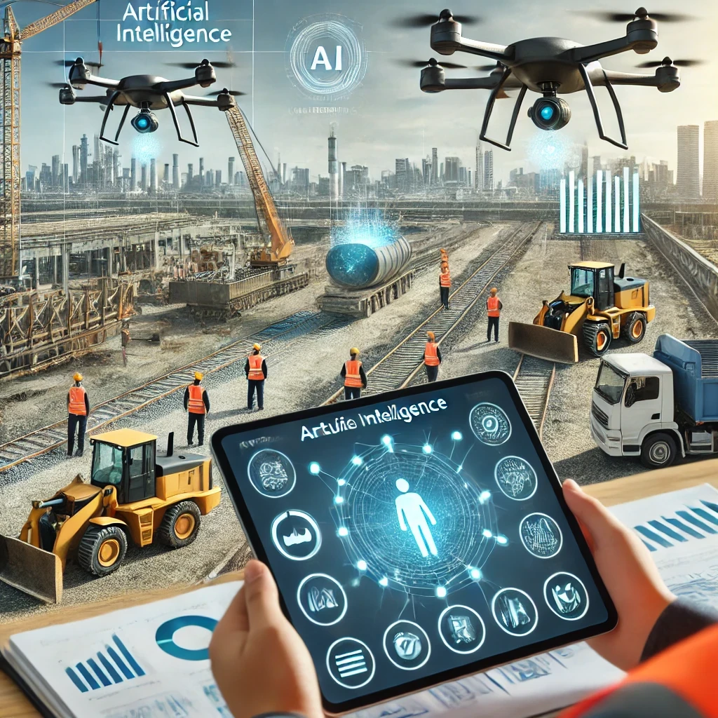 Site de construction utilisant l'intelligence artificielle pour surveiller les progrès avec des drones, des machines automatisées et des tableaux de bord numériques analysant les retards et les coûts