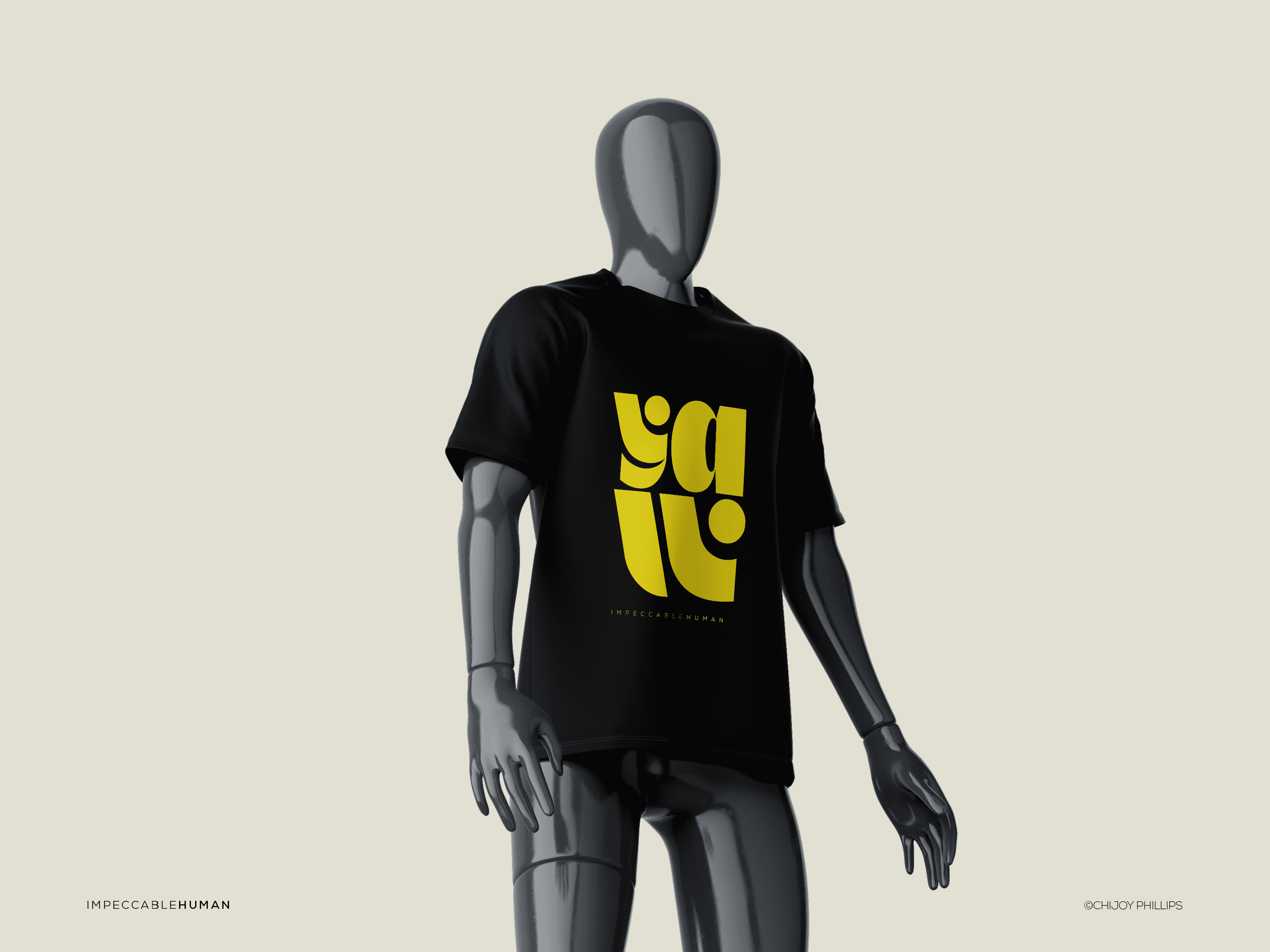 Black tee with yaw stylishly written in yellow on the tshirt worn on a mannequin