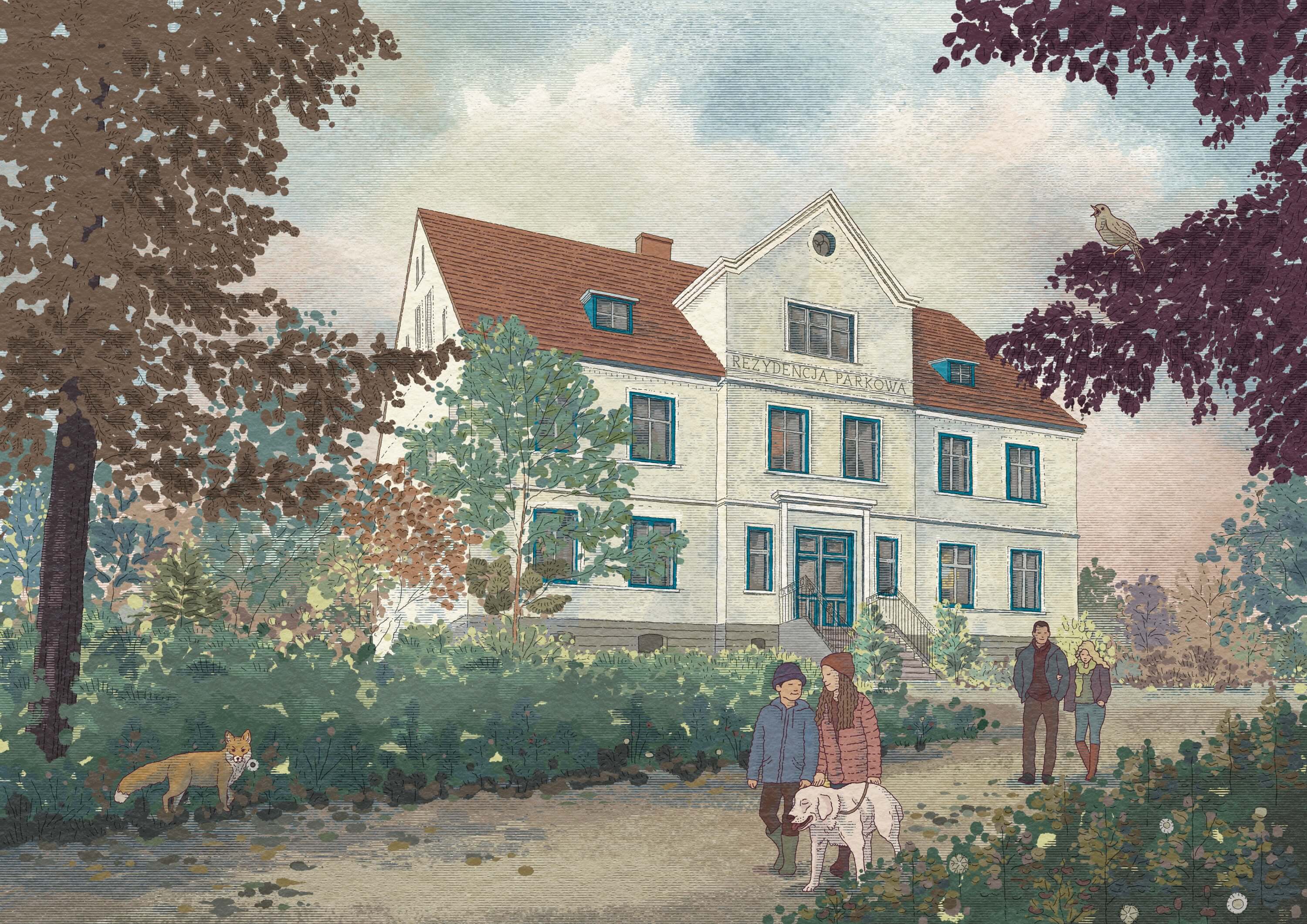 A picturesque house with a red roof, surrounded by trees and a pathway, under a cloudy sky.