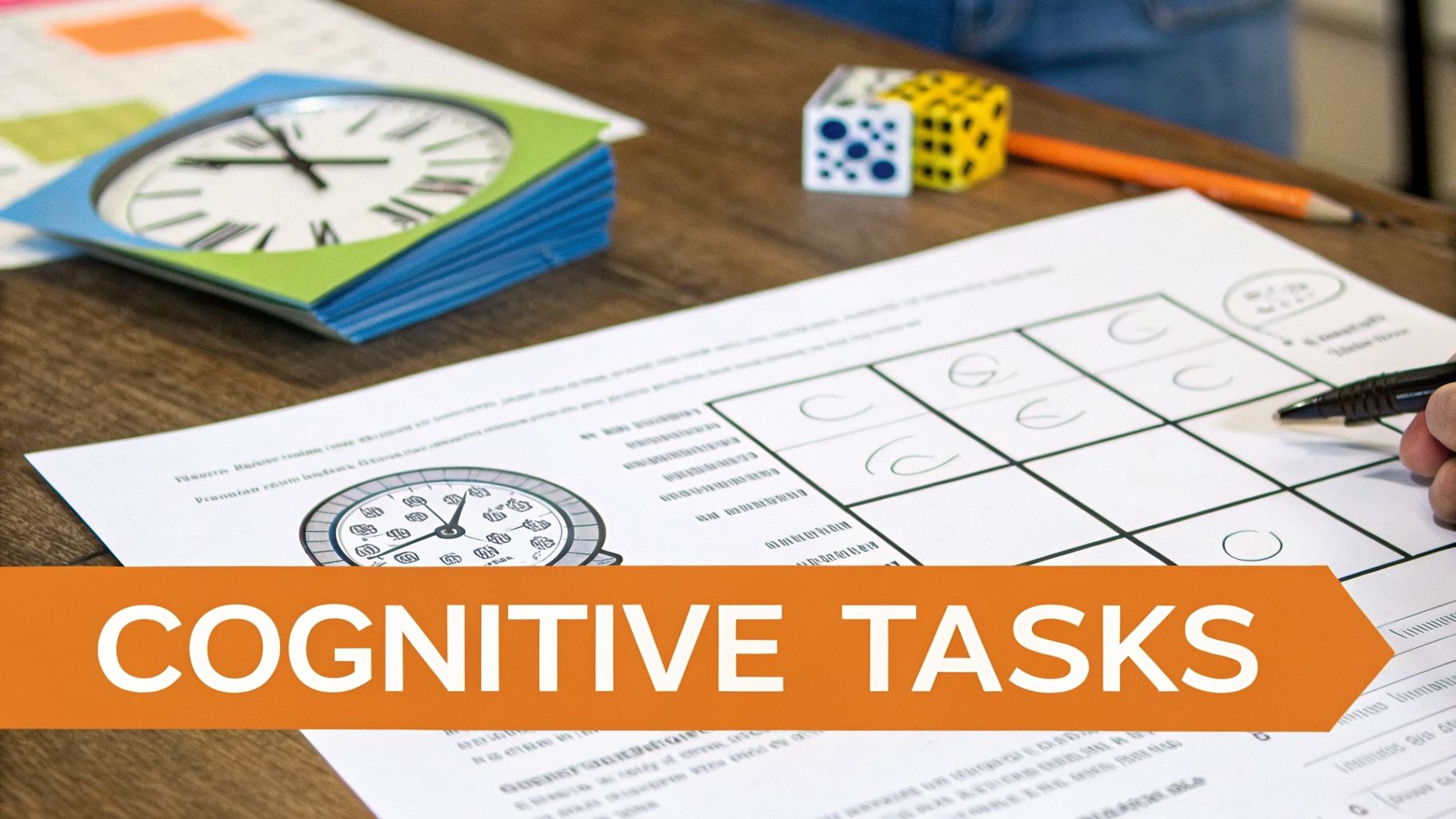 A person's hand completing cognitive tasks on paper, with clocks, dice, and a pencil.