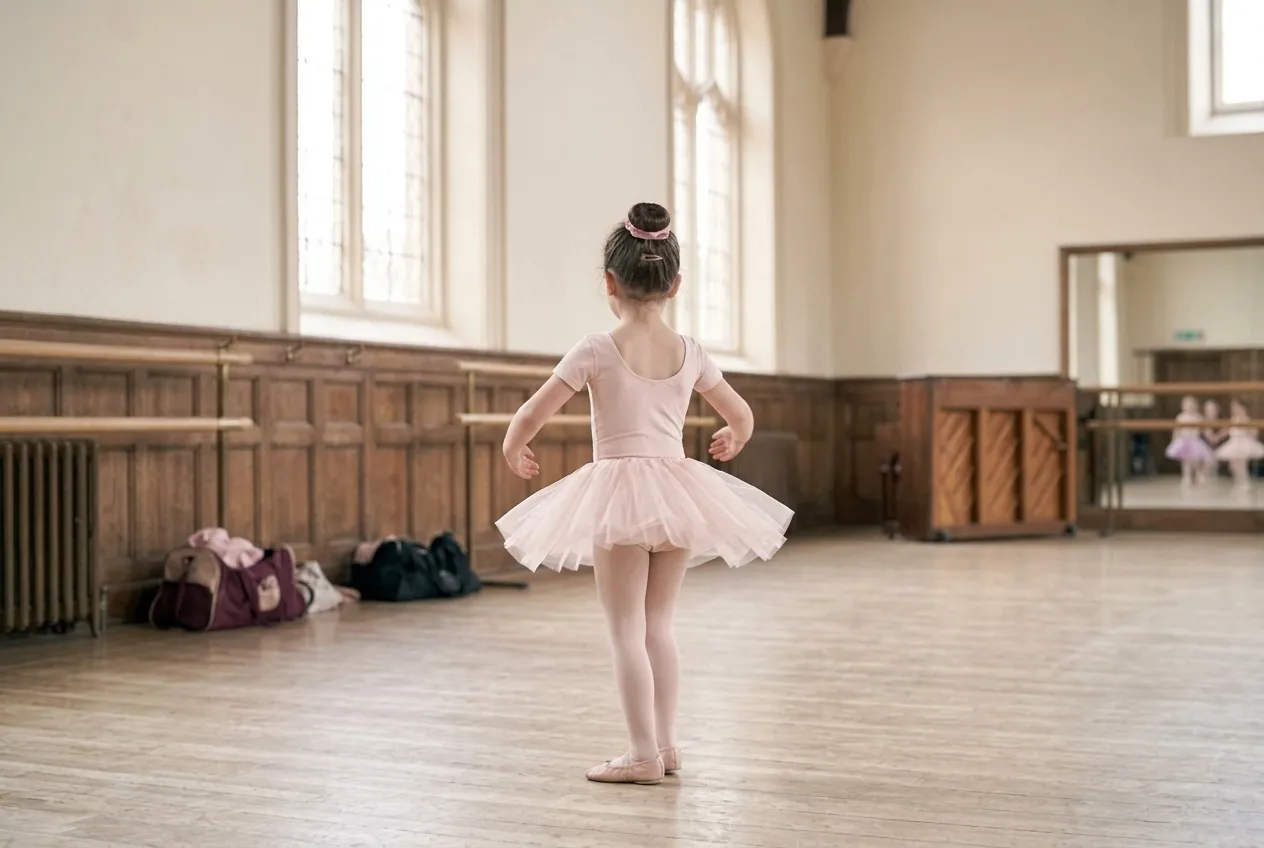 A little girl in a pink tutu twirling, seen from behind