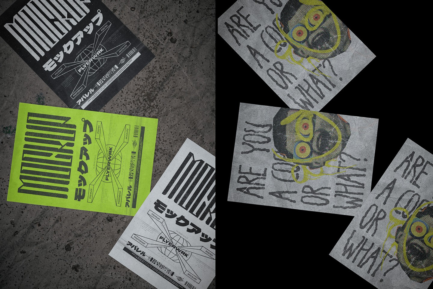 Outdoor A4 Poster Mockup showing a vibrant neon green anti-design poster on rough pavement