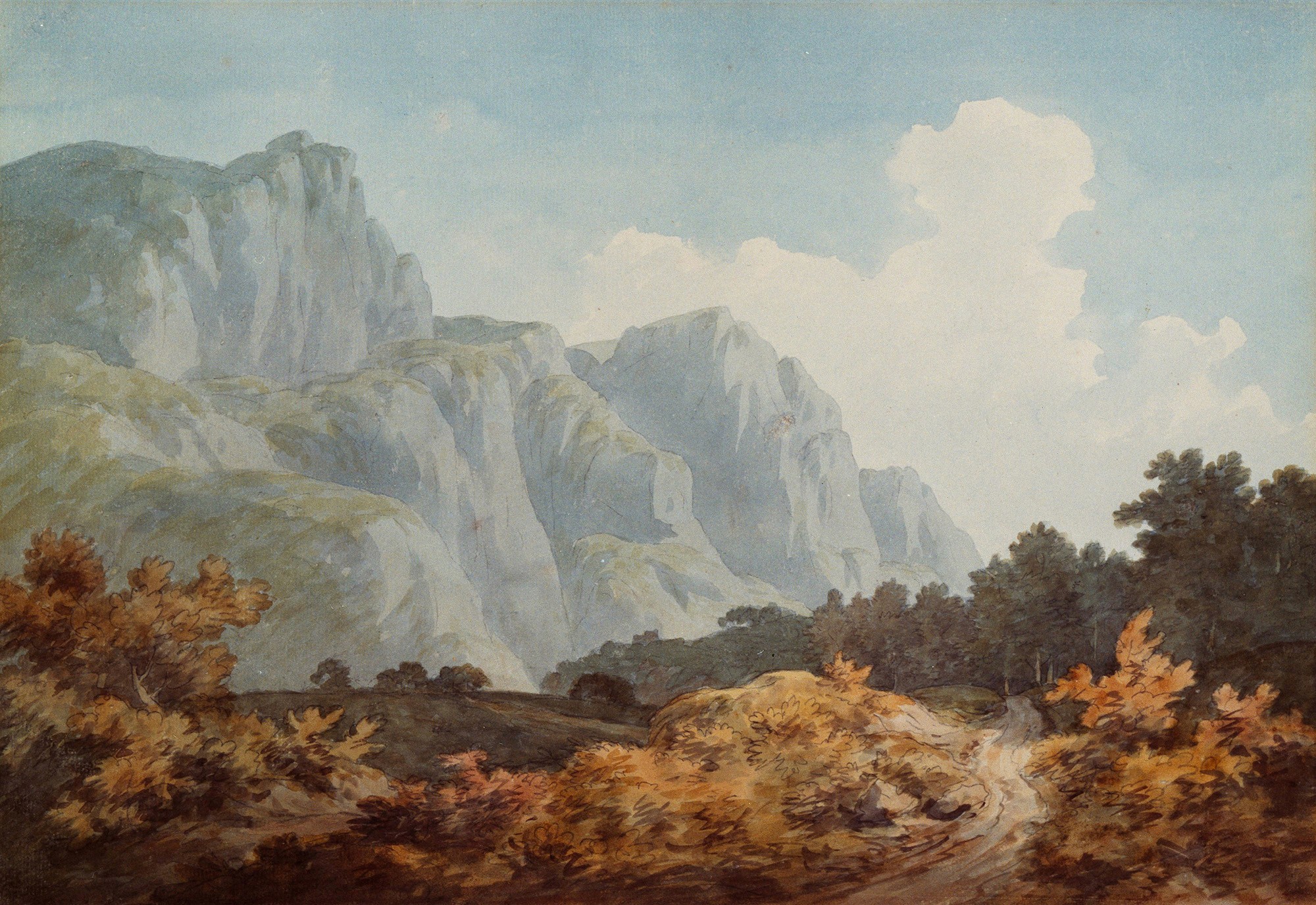 Zeichnung von Bergen, Wolken und einem Wald in Aquarell