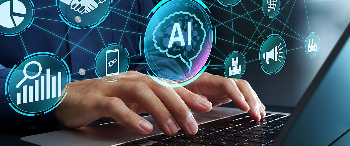 A close-up of hands typing on a laptop, with virtual AI icons and symbols in the background.