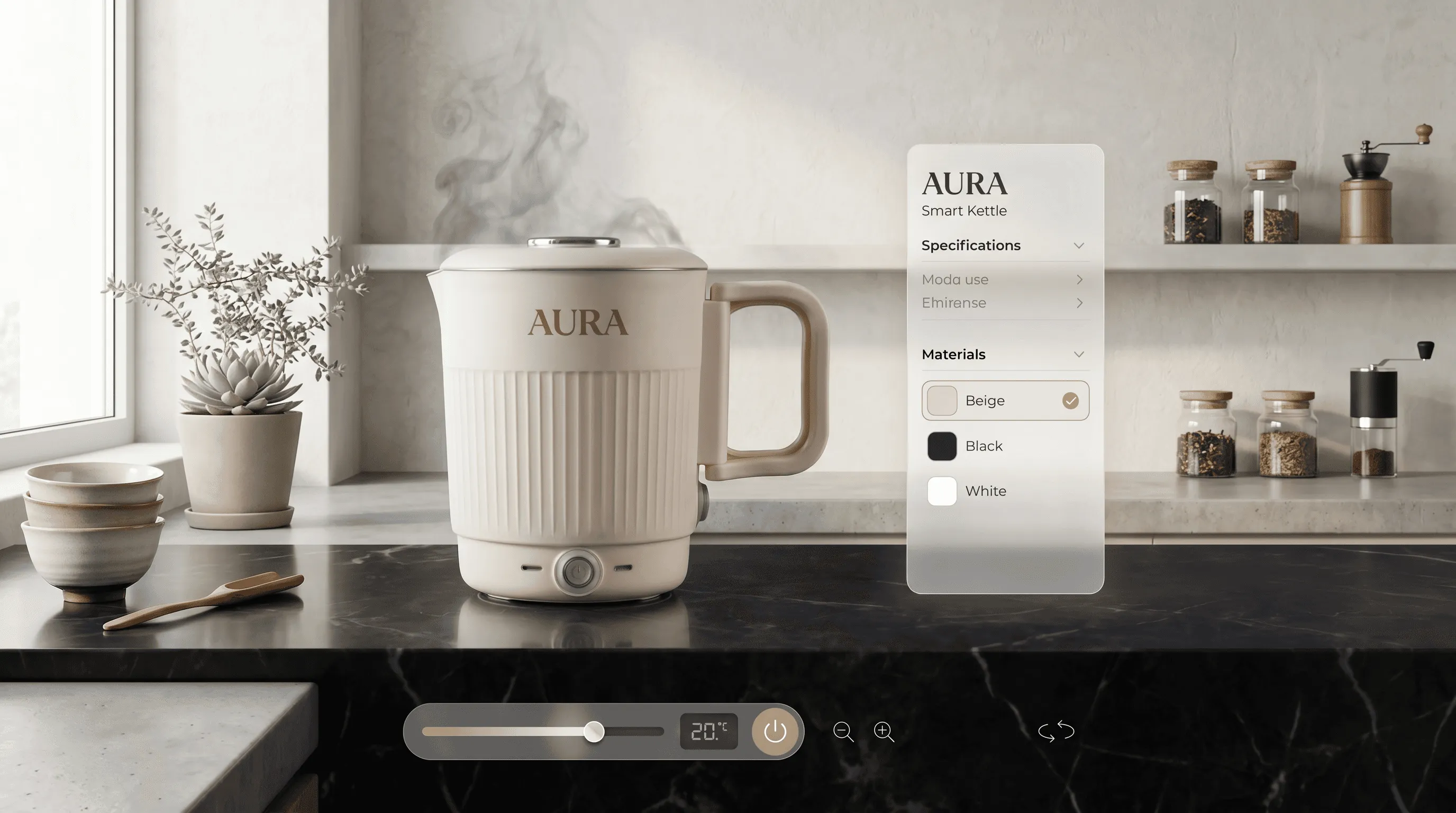 Aura smart kettle interactive 3D product visualization by Penguincil Design