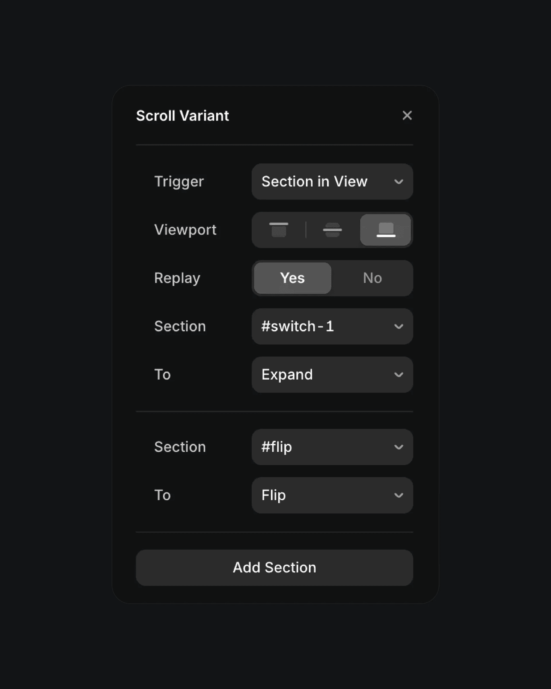 Framer Scroll Variant settings panel for section animations