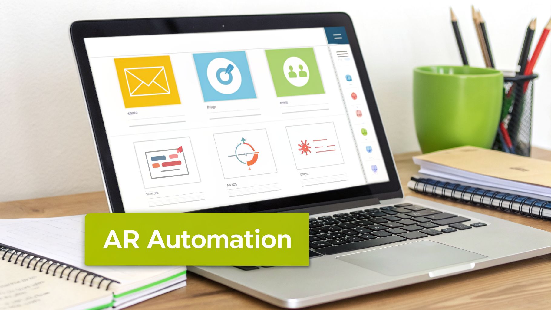 A laptop on a wooden desk displays business app icons, with a green 'AR Automation' banner.