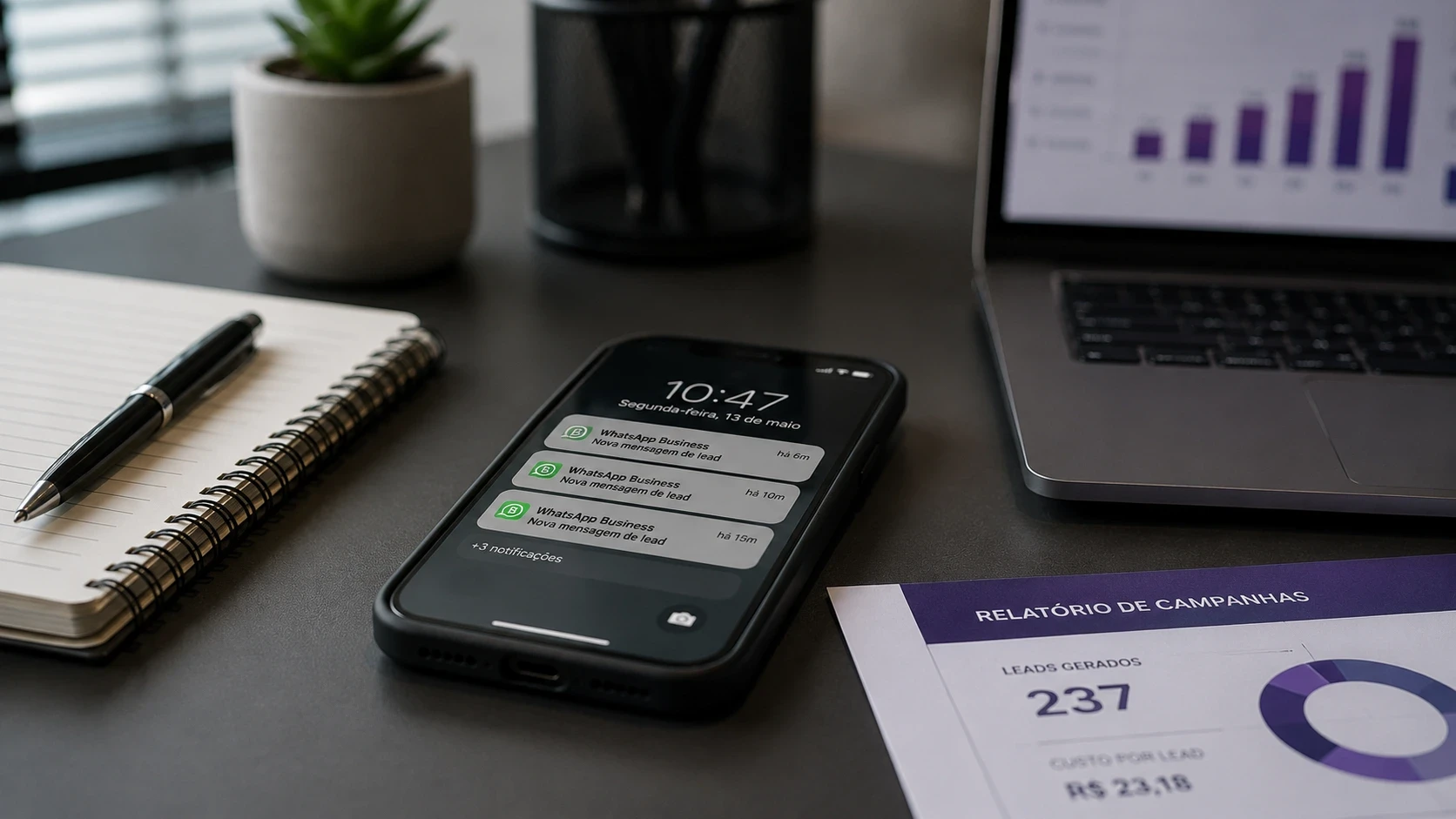 Celular com notificações de WhatsApp de leads não respondidos em escritório