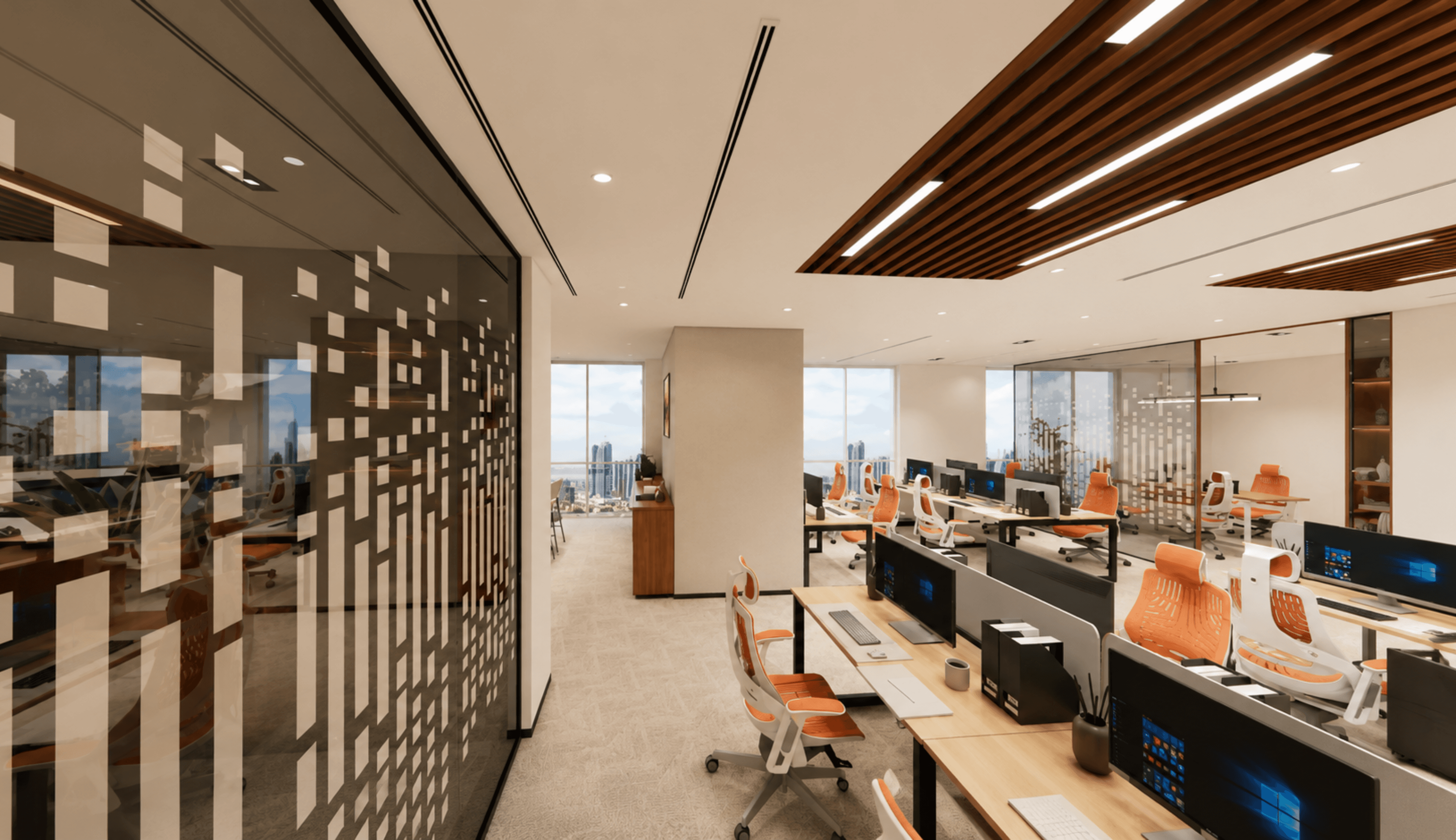 Level 17 Marina Plaza lounge with seating area, reception desk, and integrated lighting.