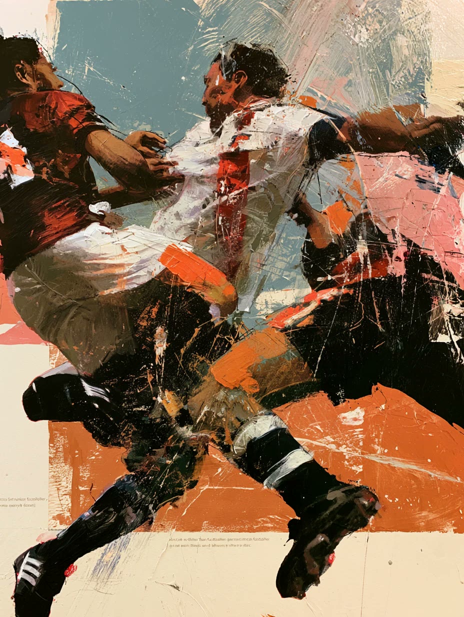 KI-Visual: Zwei Fußballer im Zweikampf, gemalt mit groben Pinselstrichen