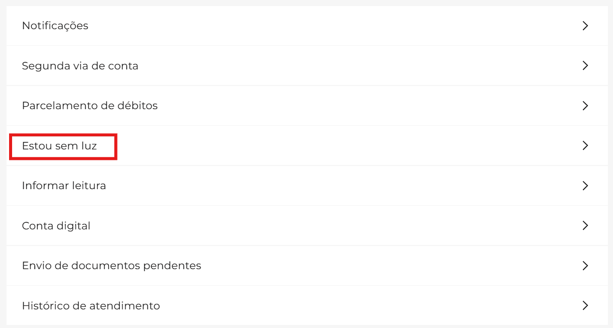 Lista de Serviços do portal Cemig Atende
