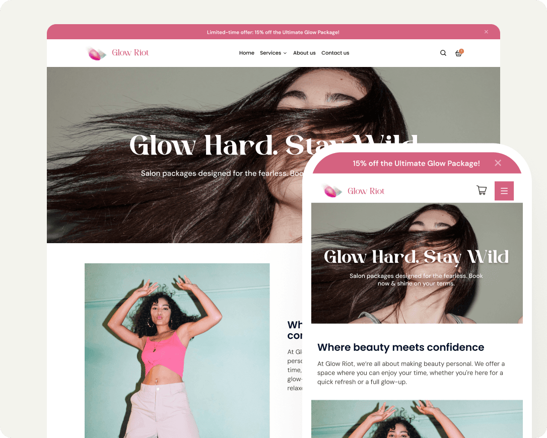 Skincare website mockup with pink accents, featuring a woman with long hair on desktop and mobile.