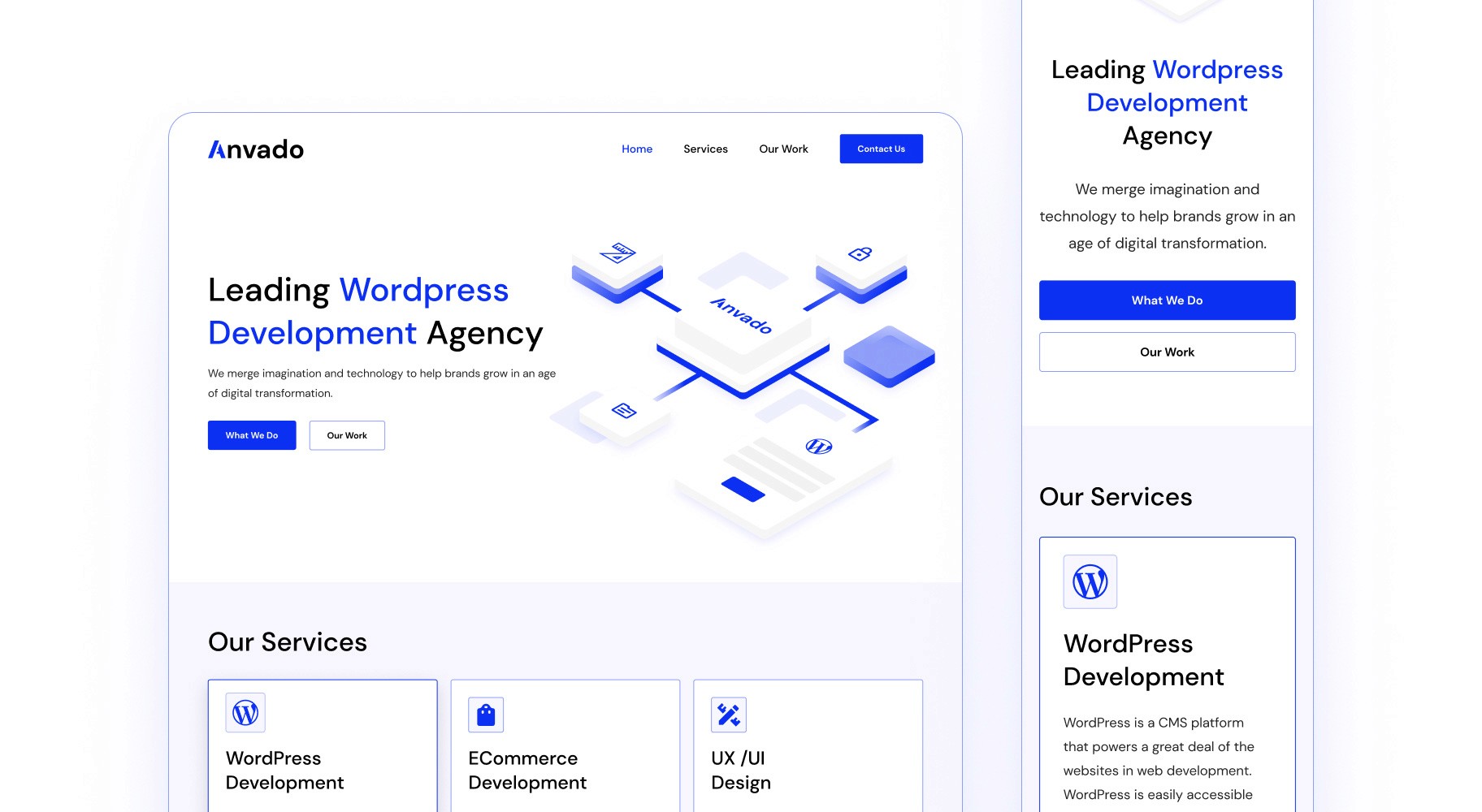 Homepage of Anvado, a WordPress development agency, featuring a modern, minimalist design with the headline 'Leading WordPress Development Agency' and service offerings including WordPress development, eCommerce development, and UX/UI design. The page also includes navigation options to view their work and services, along with an isometric graphic illustrating digital transformation concepts.