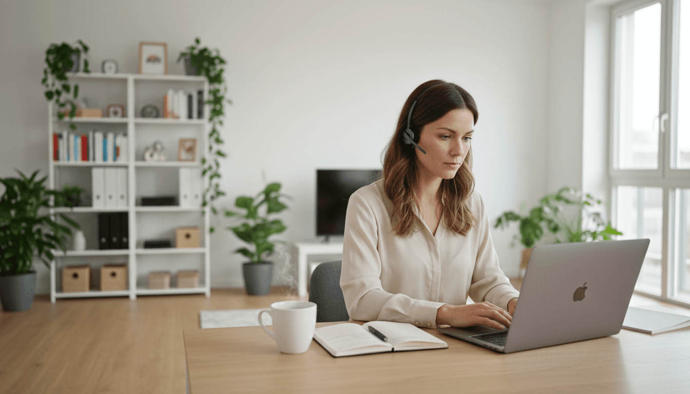EIne Frau arbeitet von zu Hause und hat ein Heatset auf und einen Laptop vor sich
