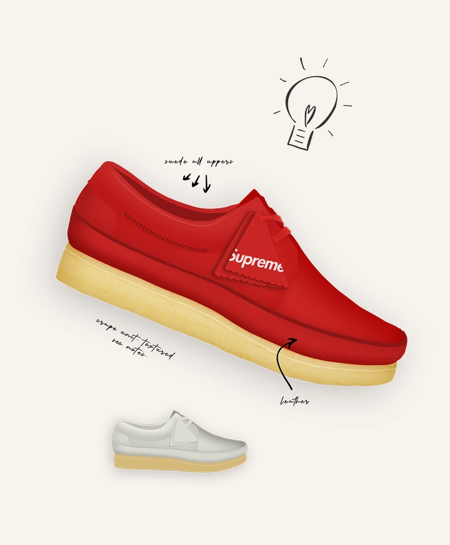 Design concept illustration exploring materials and colourway for Clarks Originals × Supreme Wallabee