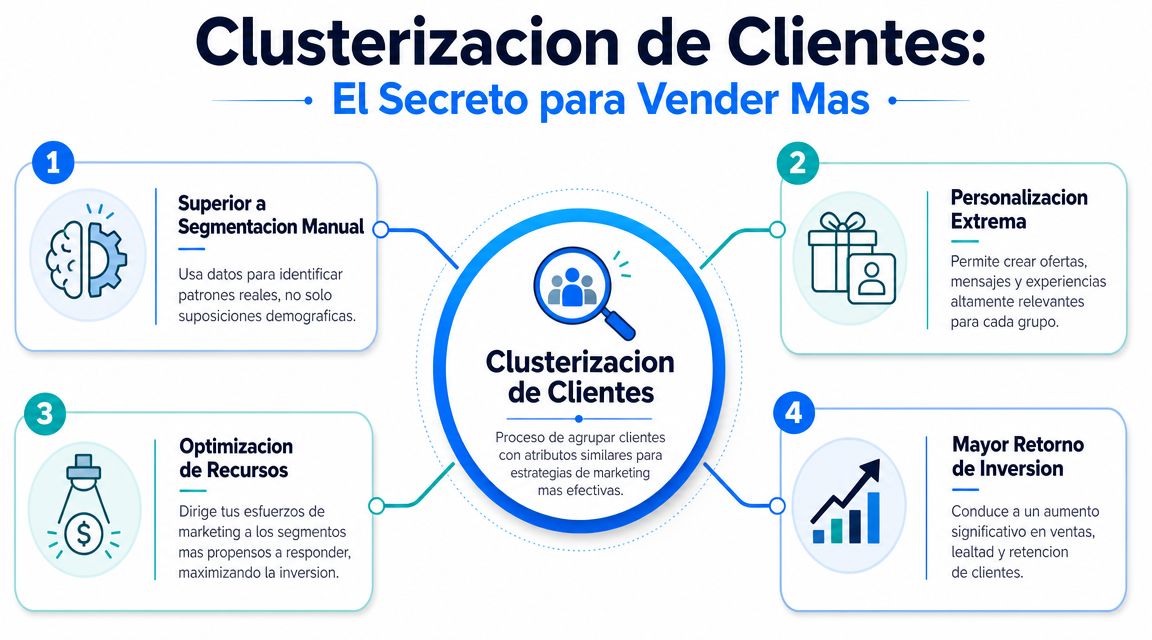 Infografía sobre la clusterización de clientes para mejorar estrategias de marketing y aumentar las ventas empresariales.