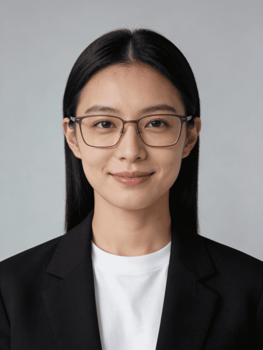 Smiling woman with long black hair and glasses, wearing a black blazer and white t-shirt, against a gray background.