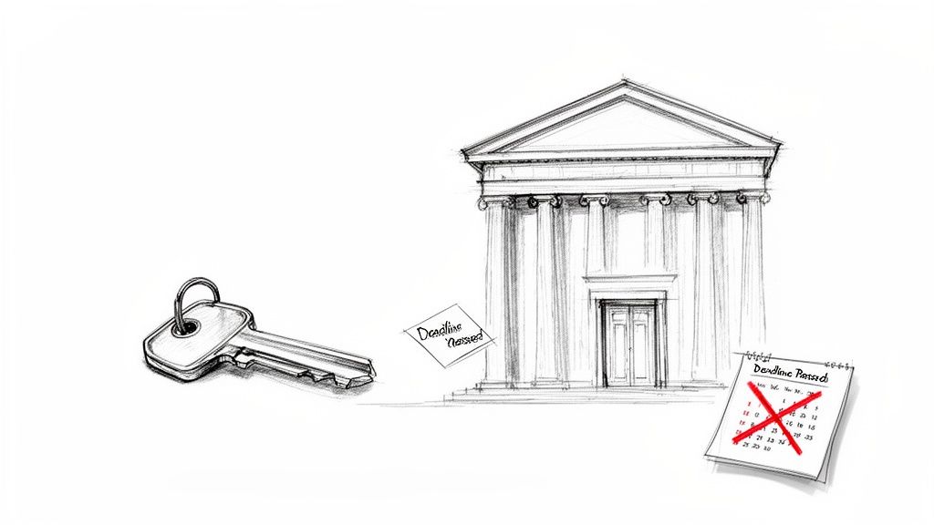 A key, a neoclassical building sketch, and notes indicating 'Deadline Missed' and 'Deadline Passed' on a calendar.
