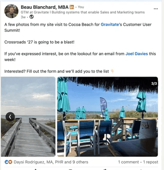 LinkedIn post: Photos from a site visit to Cocoa Beach for Gravitate's Customer User Summit