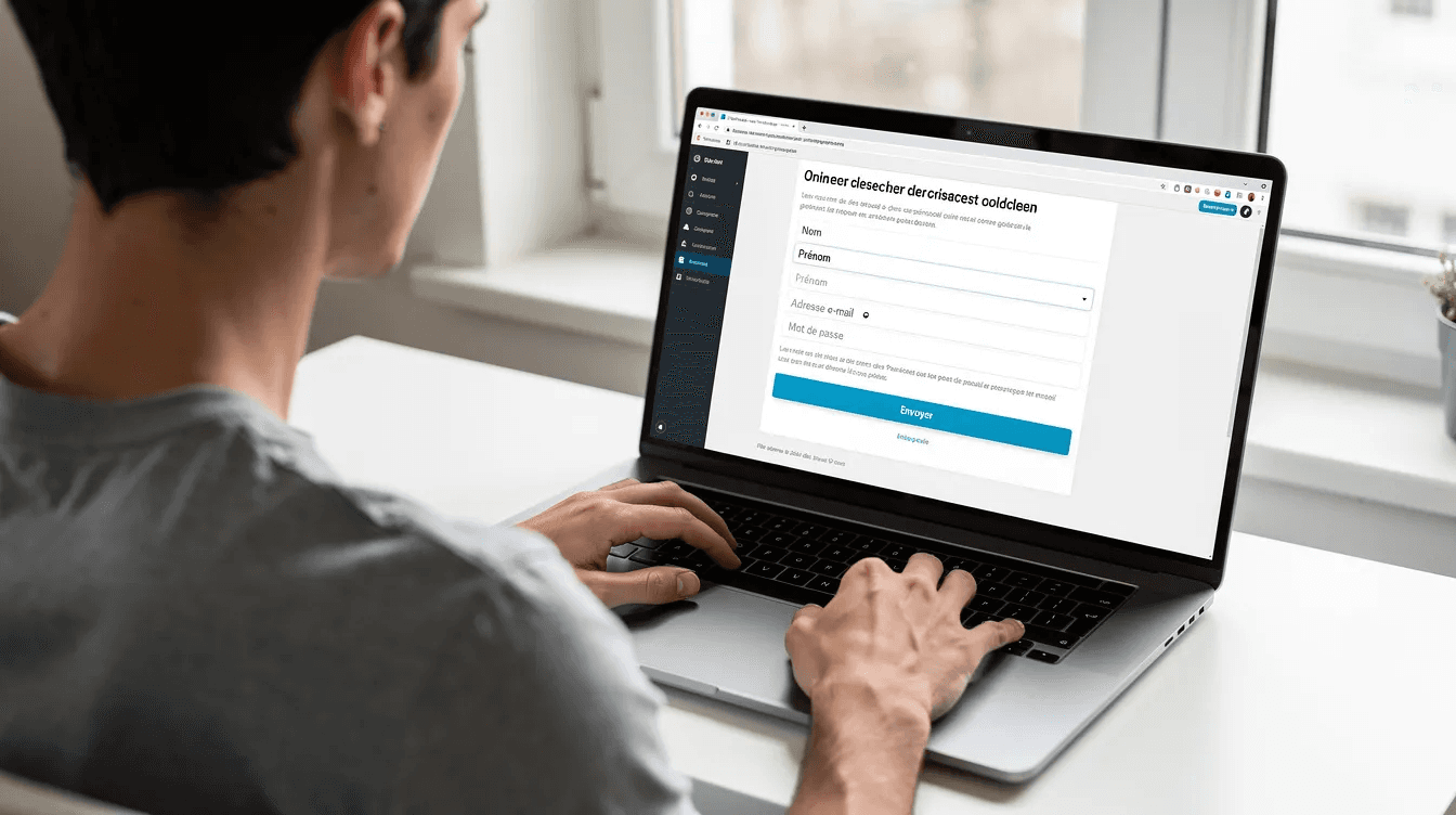 Une personne est assise devant un ordinateur portable, remplissant un formulaire en ligne pour donner son consentement à des fins de marketing. On peut apercevoir des champs pour l'adresse email et le numéro de téléphone, illustrant l'importance de la transparence et de la protection des données personnelles.
