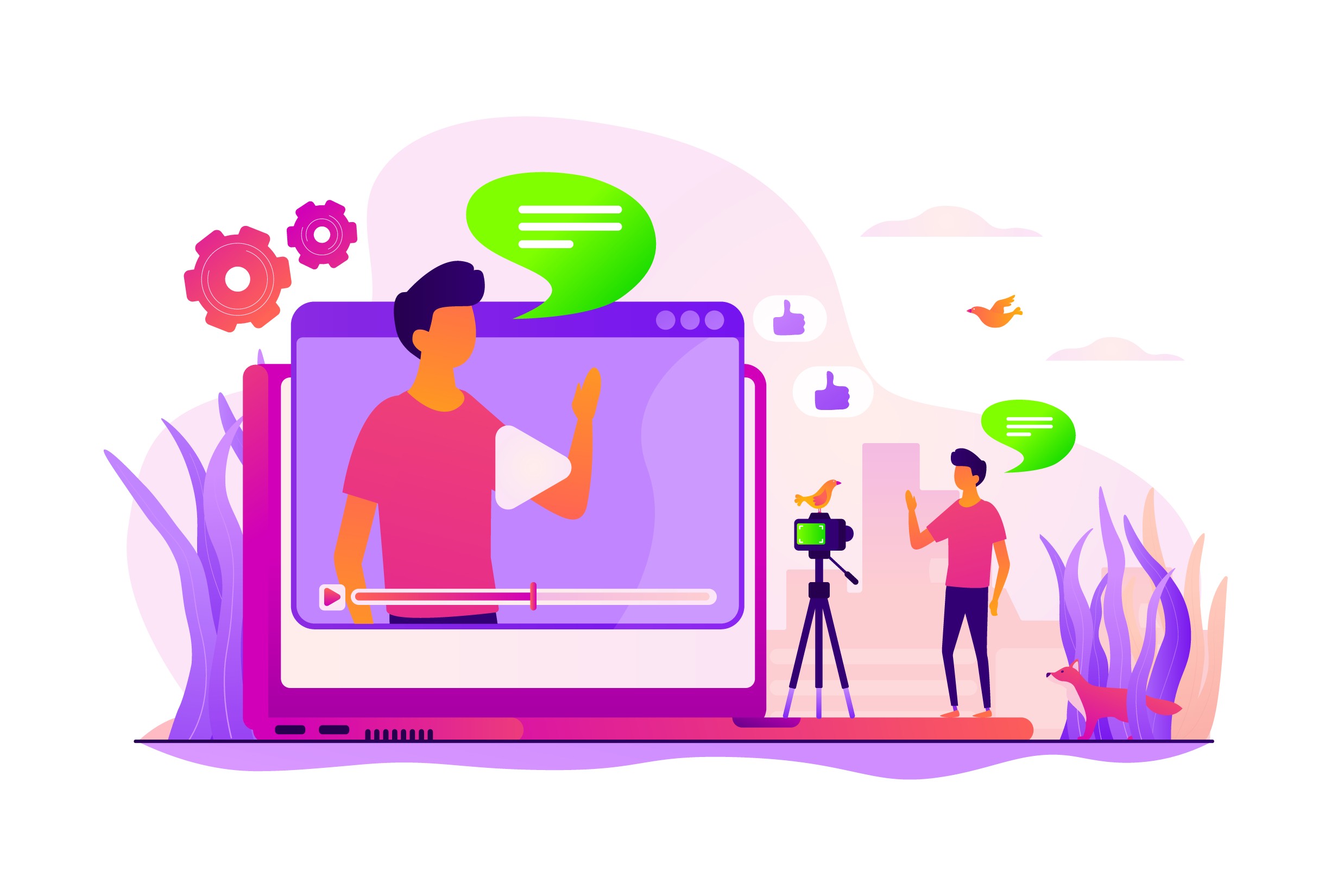 2:30 AM Influencer filming video content on camera with social engagement icons for creator marketing