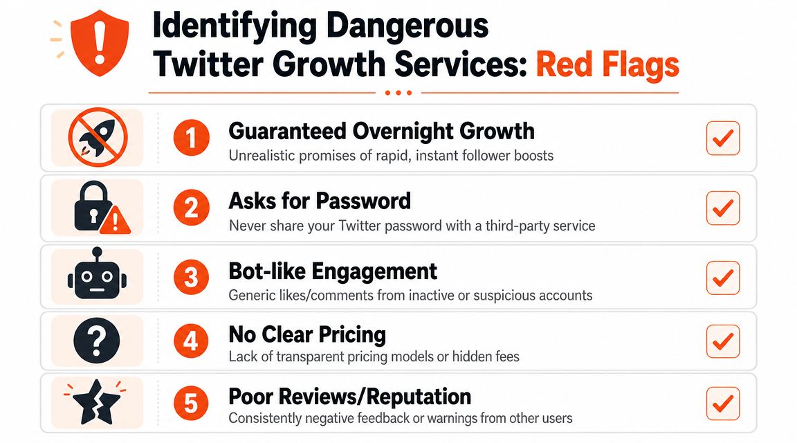 An infographic showing five red flags to identify dangerous and unreliable Twitter growth services to avoid.