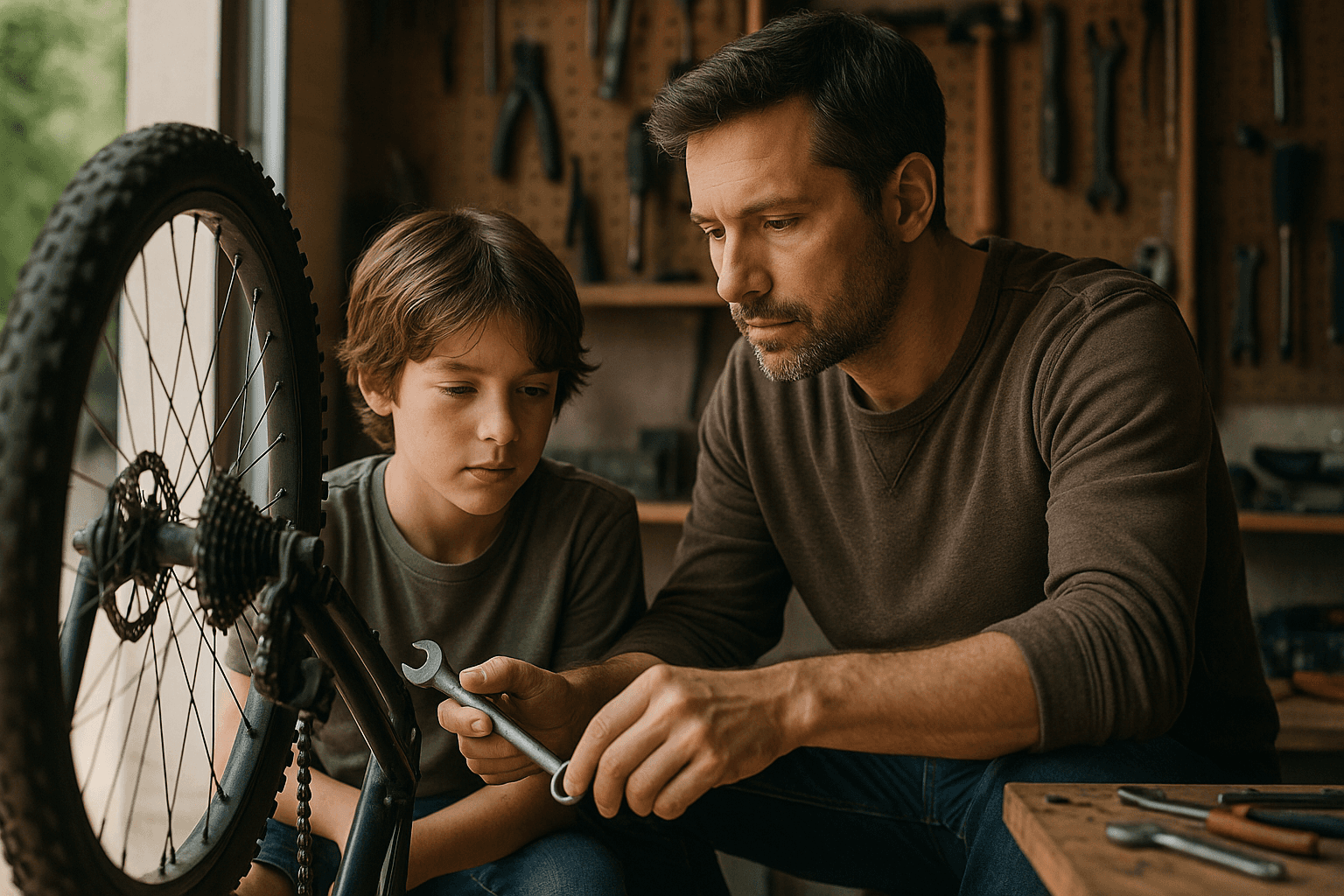 Photo of father and son working on bike repair together, both focused on task
