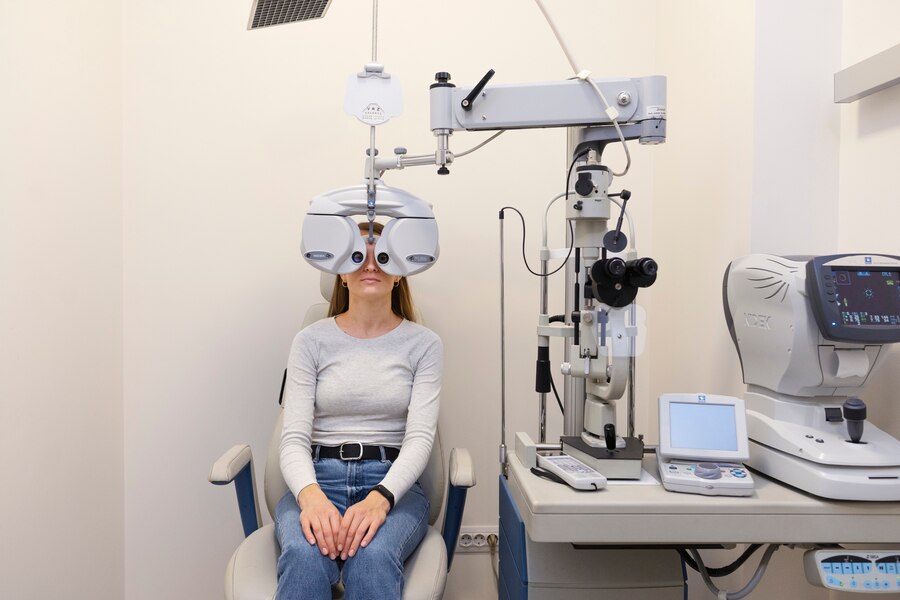 A patient getting her eyesight checked.