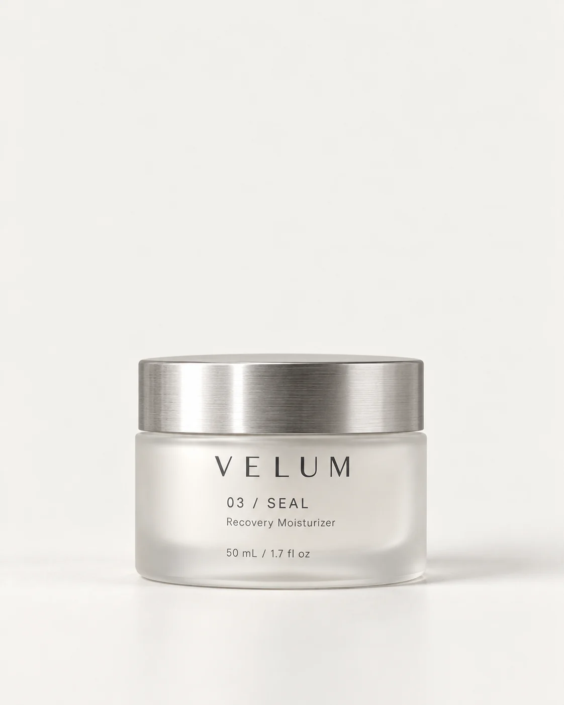 VELUM 03 SEAL frosted jar with brushed aluminum lid catalog photograph