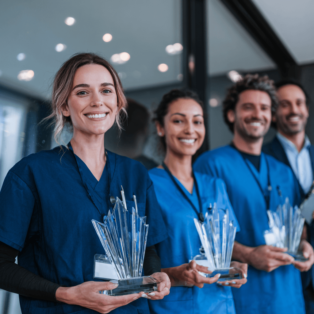 Four healthcare professionals in blue scrubs smile warmly while holding awards, conveying pride and accomplishment in a bright, modern setting.