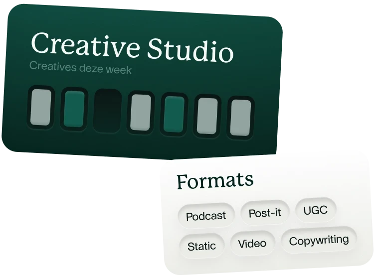 Creative Studio met deze week beschikbare creatieve formaten: Podcast, Post-it, UGC, Static, Video en Copywriting