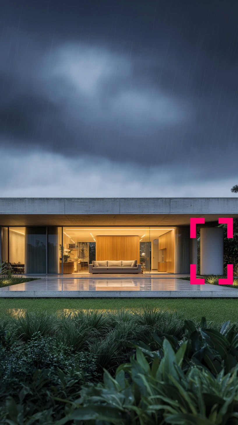 fachada de uma casa moderna vista do jardim em um dia de chuva, mostrando o sistema de captação de água da chuva integrado 