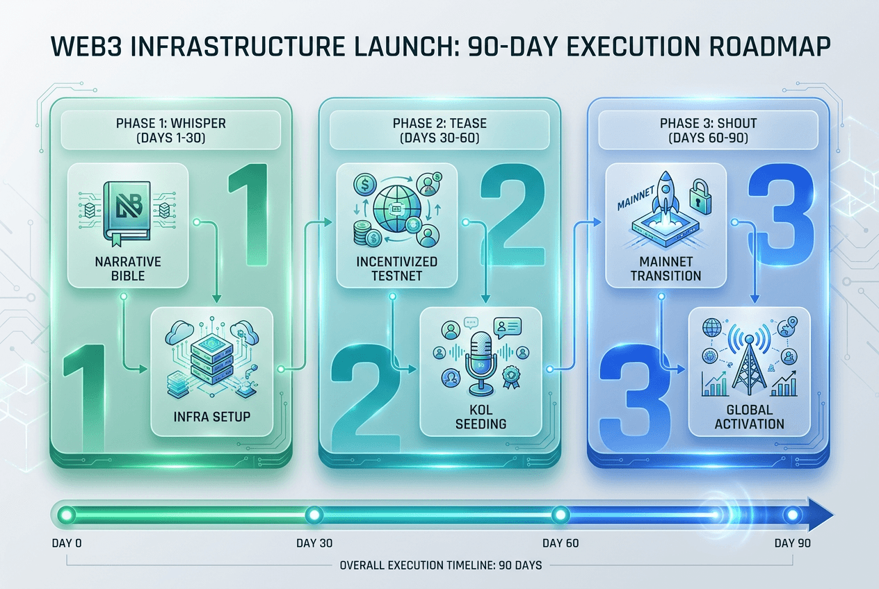 A 90-day Web3 GTM roadmap illustrating the Whisper, Tease, and Shout phases for crypto infrastructure startups from testnet to mainnet.