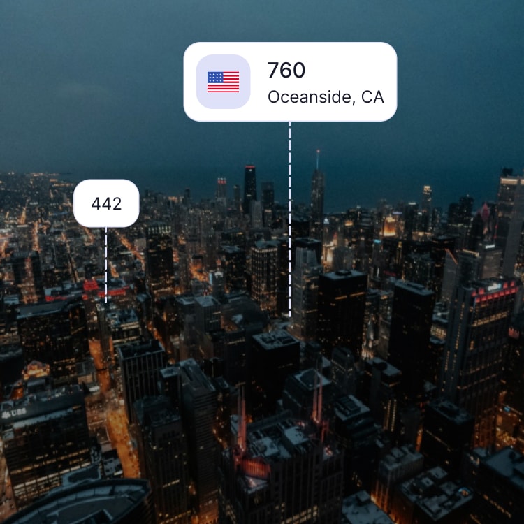 City skyline of Oceanside showing the 760 area code and surrounding area codes