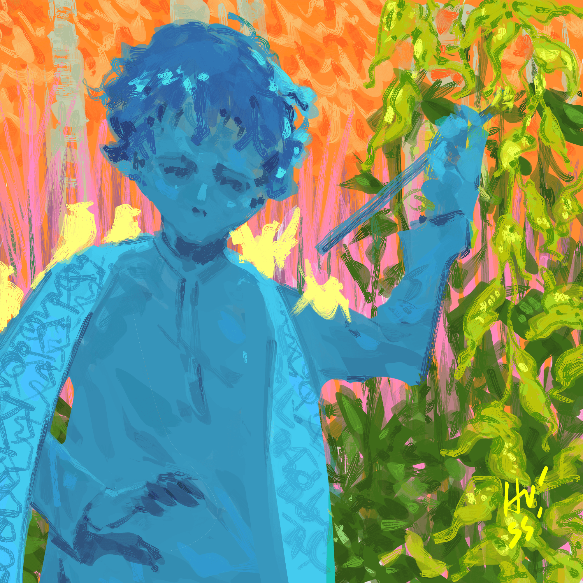 colorful artpiece of a blue character wearing a shawl painting leaves in a backdrop of a garden