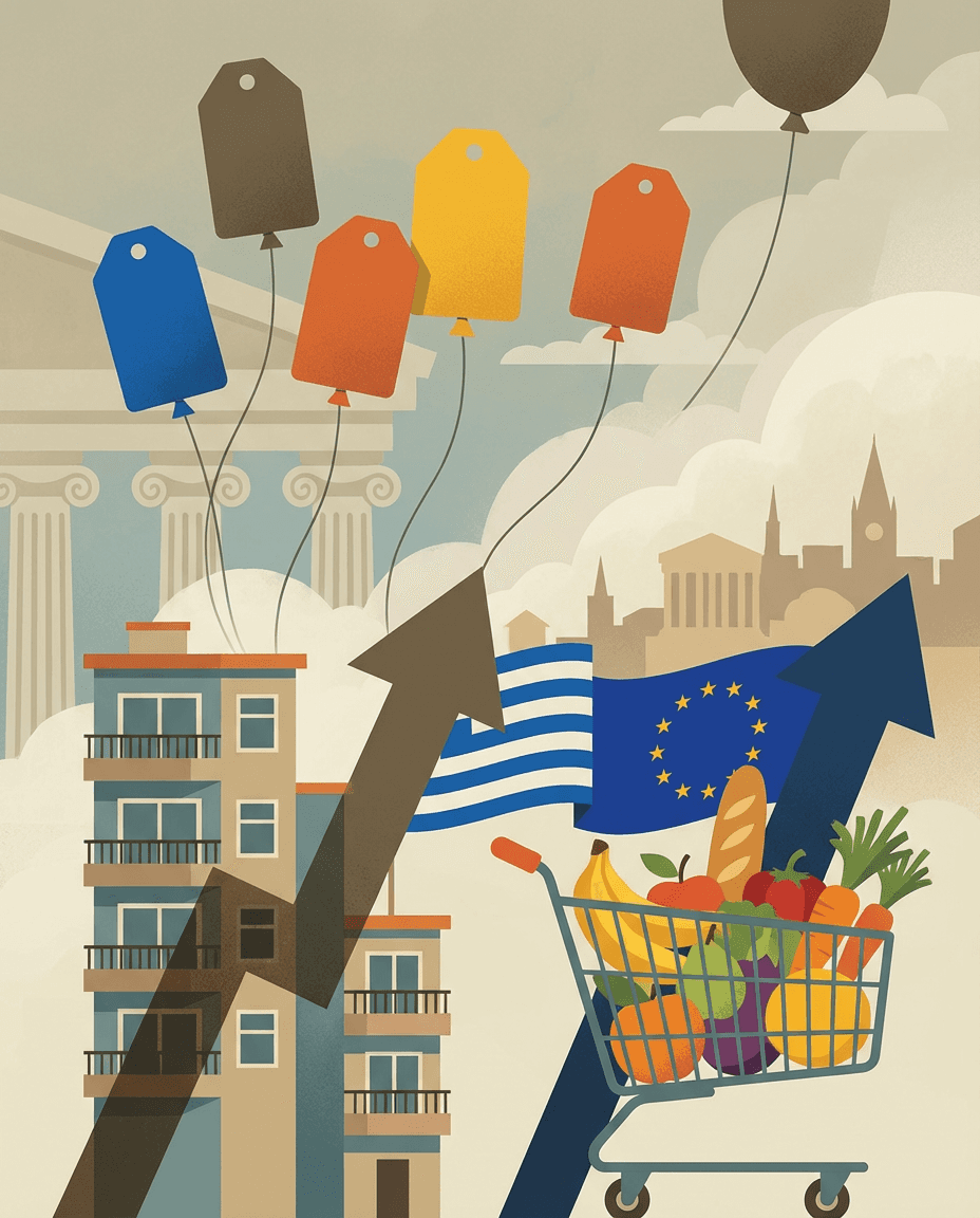 Illustration symbolizing inflation trends in Greece and the Eurozone with visual economic elements