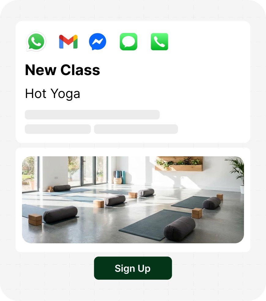 Mobile notification preview announcing a New Class: Hot Yoga, shareable via WhatsApp, Gmail, Messenger, Messages, or Phone, with a photo of a bright yoga studio set up with mats, bolsters, and blocks, and a Sign Up button below.