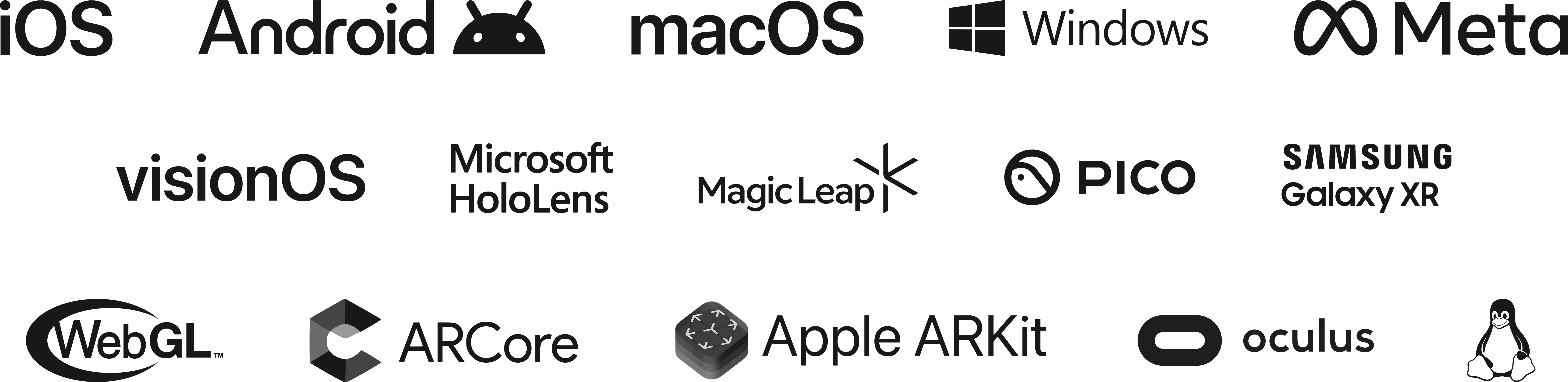 Unity 3D supported softwares, platforms and headsets: iOS, Android, macOS, Windows, Meta, etc.