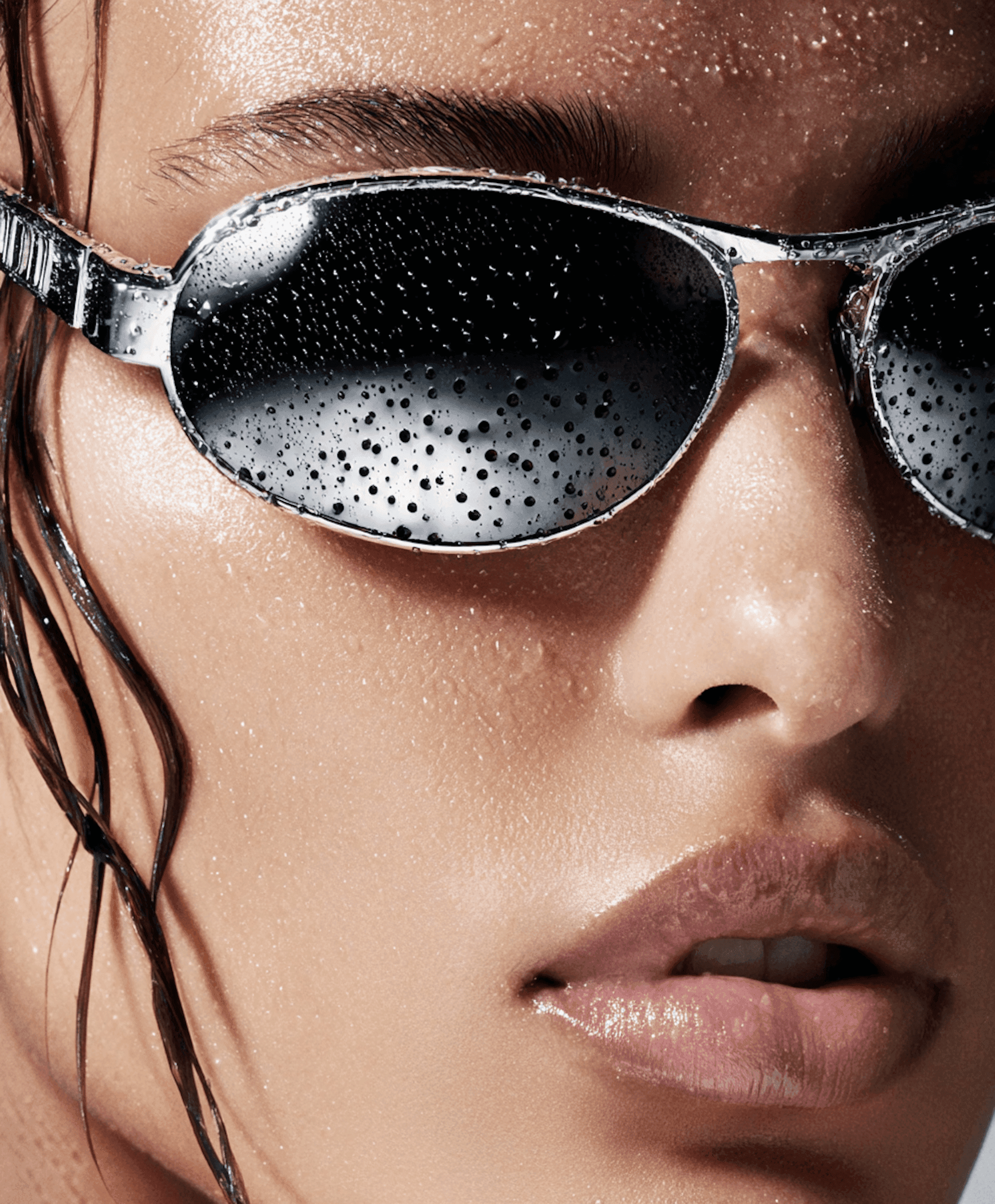 Close-up of woman wearing wet metallic sunglasses