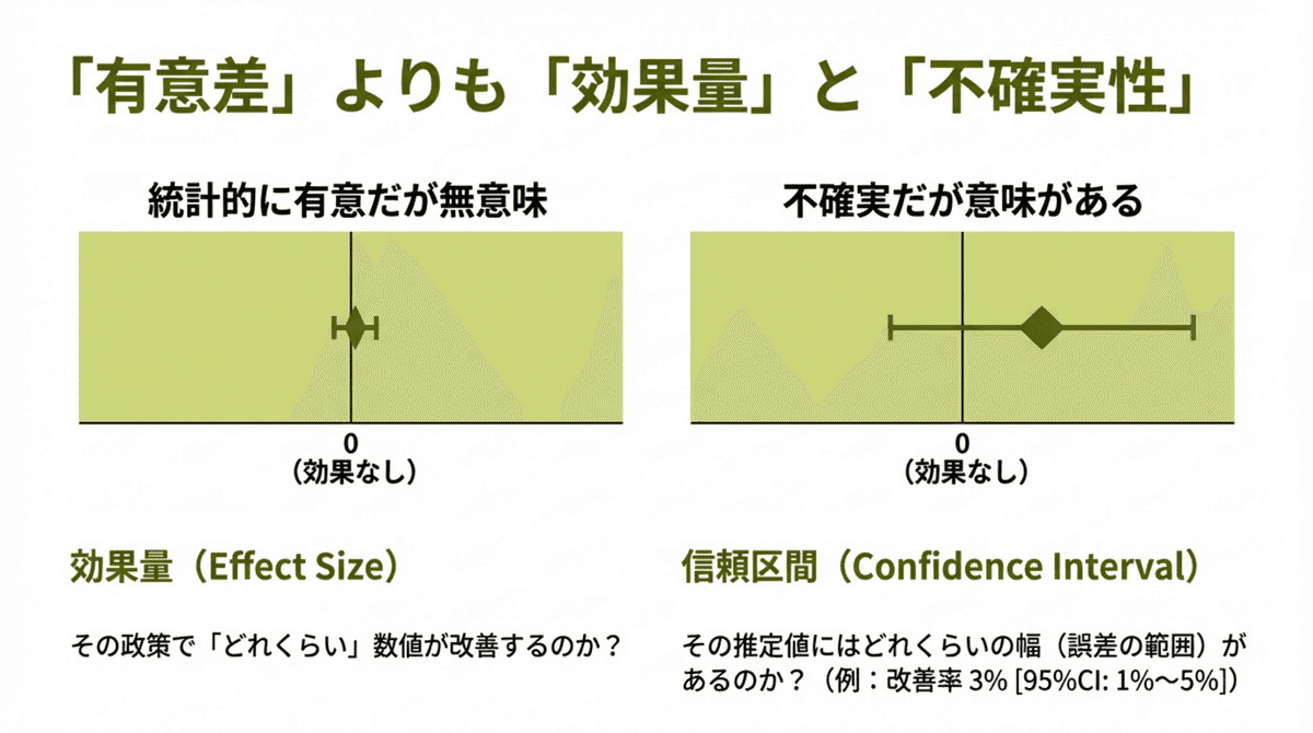 統計的有意差（P値）よりも効果量（Effect Size）と信頼区間（Confidence Interval）を重視する考え方を示す図解。