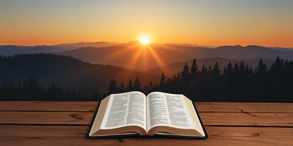 An open book on a wooden table with a scenic sunrise over mountains in the background.