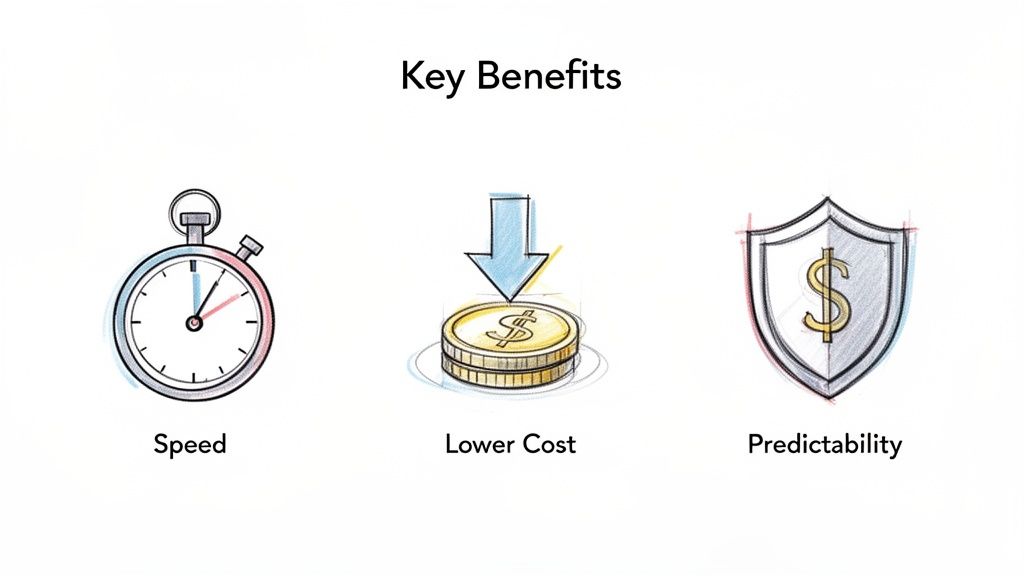 Key benefits slide showing icons for speed, lower cost, and predictability.