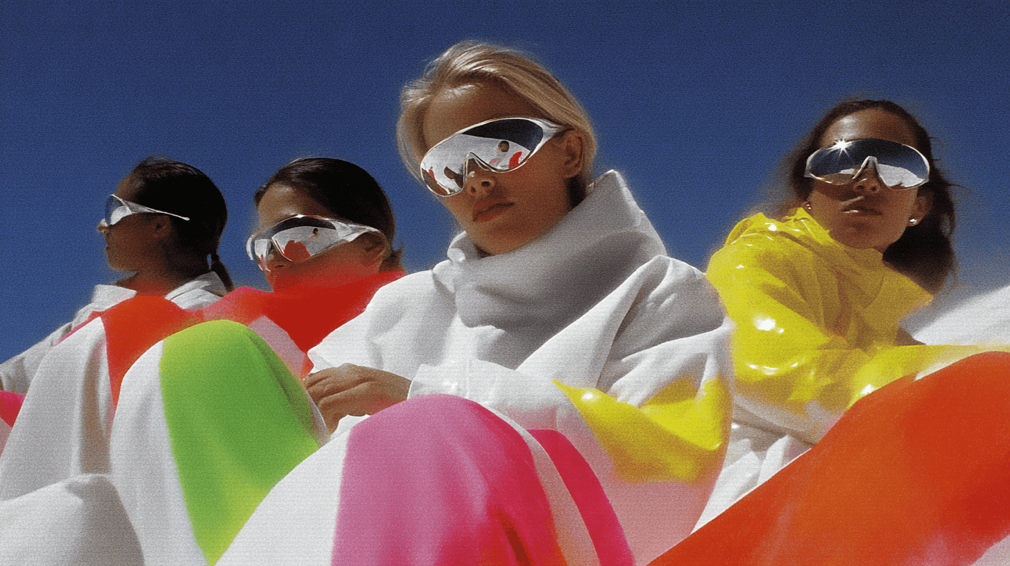 High-voltage cyan and reactive neon skiing outfit, Retro-futurist color palette, 70s sportswear influence, Digital Color Engineering, Engineered by Aventi