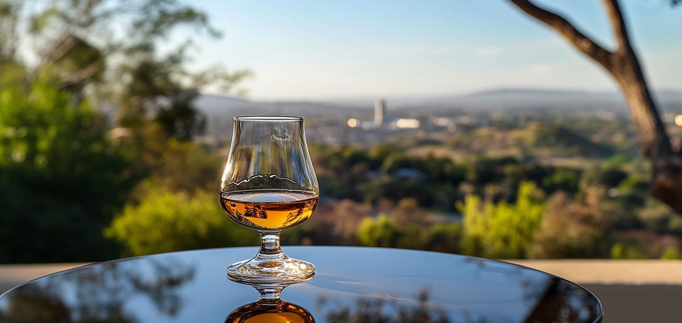 whiskey tasting in pretoria with whiskey glass and pretoria city skyline