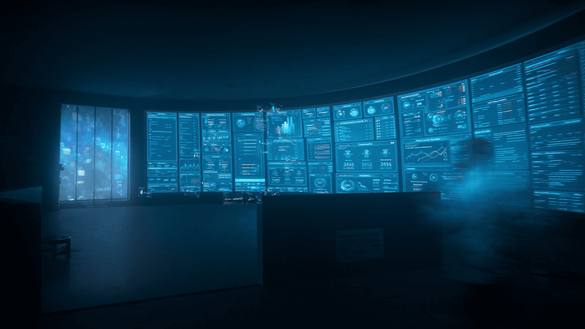 Futuristic digital marketing command center with AI analytics dashboards