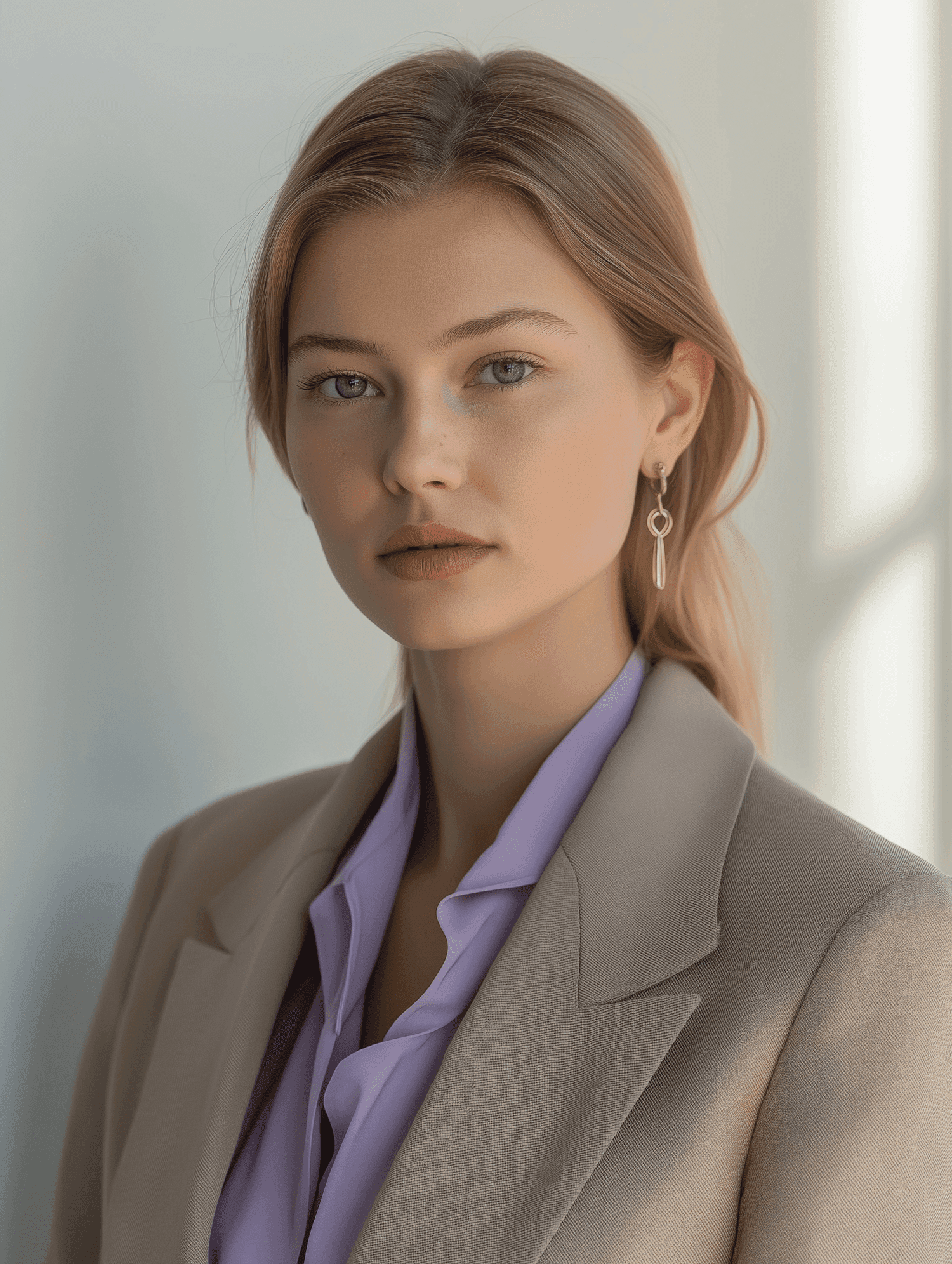 Professional portrait of a woman in a light tan blazer and purple blouse against a light gray wall.